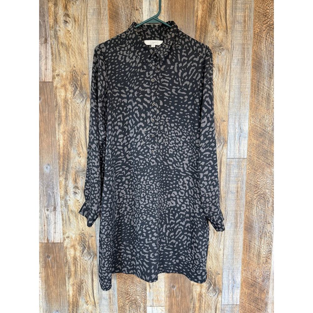 LOFT Ann Taylor Blouse Womens Large Animal Print Button Front Long Sleeve Dress